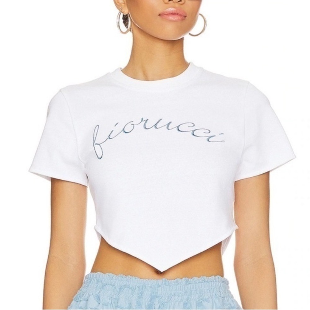 FIORUCCI Scroll V Cut T-shirt White Blue Crop Top Short-Sleeve Size Medium Y2K